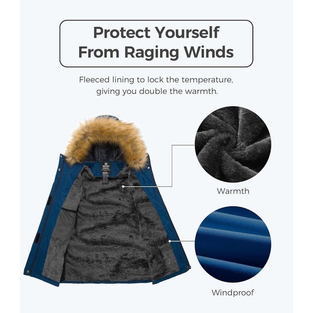 Women's Waterproof Navy Blue Snow Ski Jacket Hooded Coat Snowboarding Fleece - Picture 3 of 5